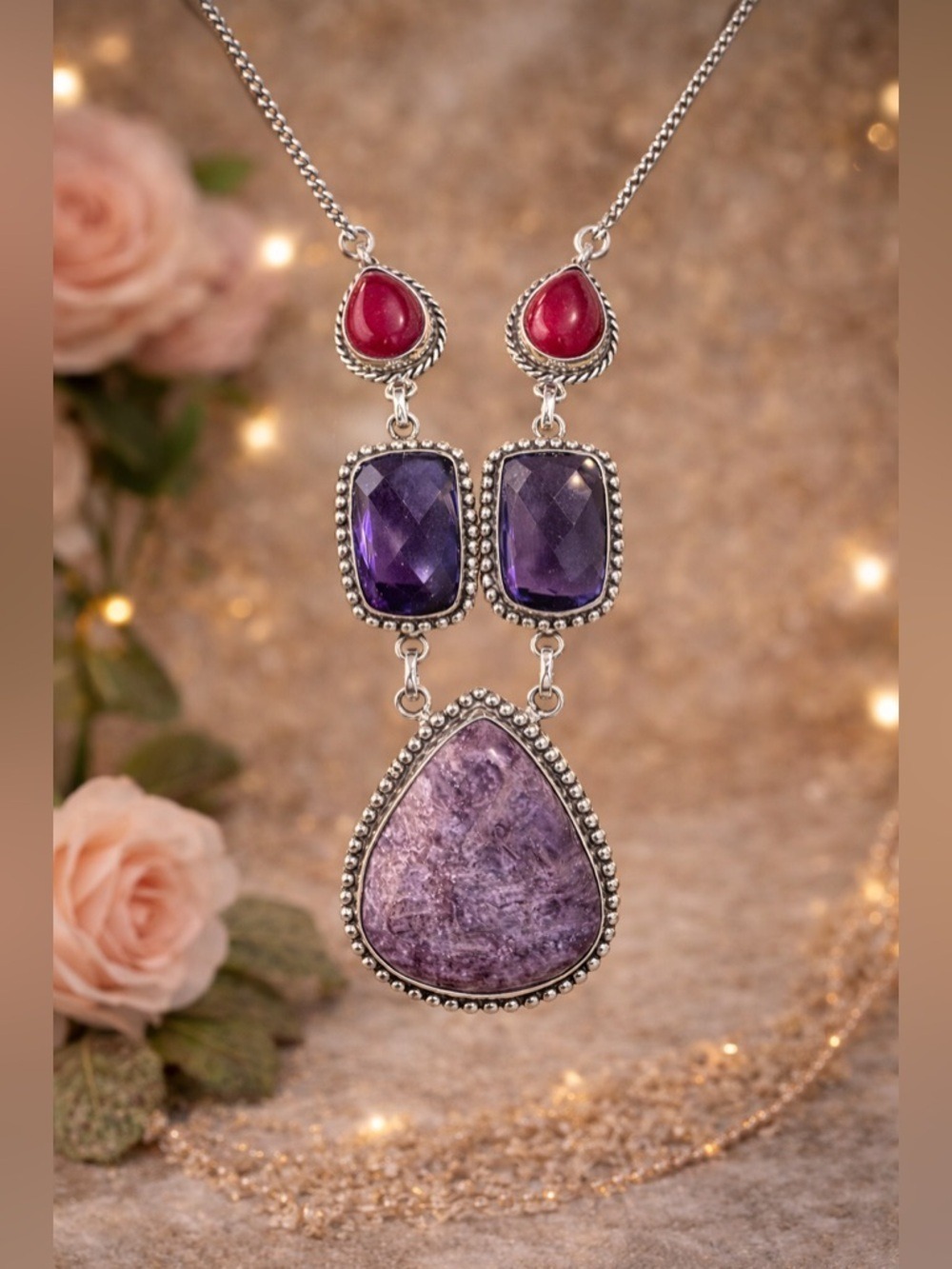 💜 Boho Artisan Sterling Silver 925 Statement Necklace • Lepidolite, Ruby & Glass - Picture 2 of 4